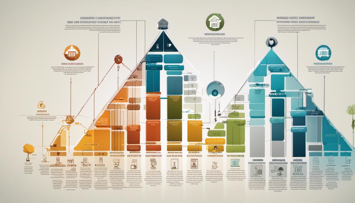 An image showing different types of organizational hierarchies, representing vertical hierarchy, flat hierarchy, matrix hierarchy, and network hierarchy.